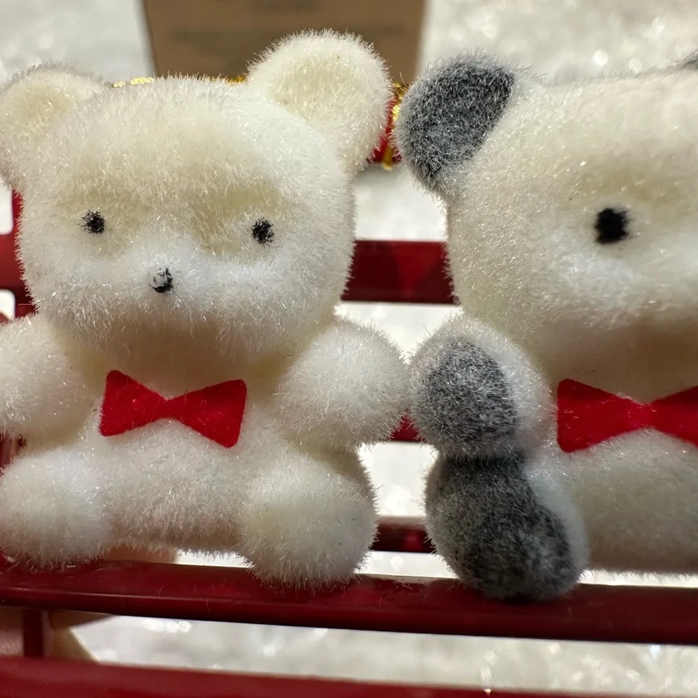 Avon Teddy Bear Collection Ornaments on bench with Red Bows - Picture 2 of 16